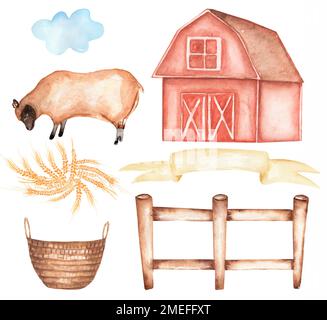 Animali da fattoria clipart, Acquerello mano disegnata pecore clip art, illustrazione carino, fienile clip art, Village set Foto Stock