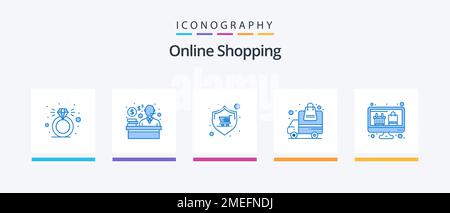 Shopping online pacchetto icone blu 5 con monitor. computer. shopping. ordine. trasporto. Icone creative Design Illustrazione Vettoriale