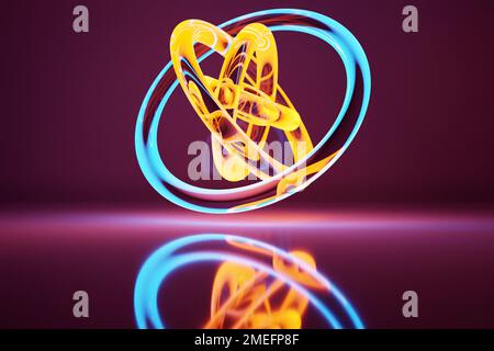 Astratta forma dinamica al neon con oggetti lisci blu, lati. 3D illustrazione e rendering. Elegante sfondo di linea. Foto Stock