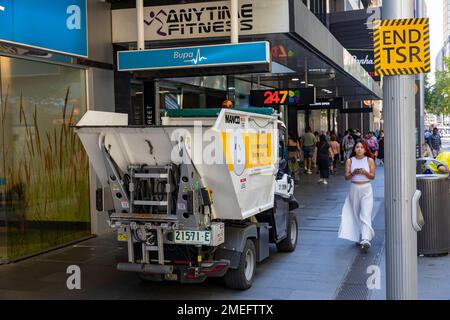 Veicolo elettrico Sydney rifiuti camion raccolta rifiuti, ecologico, senza diesel, Sydney, NSW, Australia Foto Stock