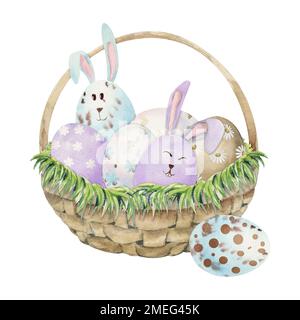 Acquerello disegnata a mano la clipart di festa di Pasqua. Cestino con uova dipinte, erba, coniglietti, colore pastello. Isolato su sfondo bianco Design per Foto Stock