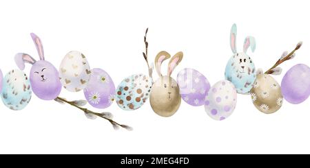 Acquerello disegnata a mano la clipart di festa di Pasqua. Bordo senza cuciture con uova, coniglietti, fiori, foglie e salice. Isolato su sfondo bianco Foto Stock