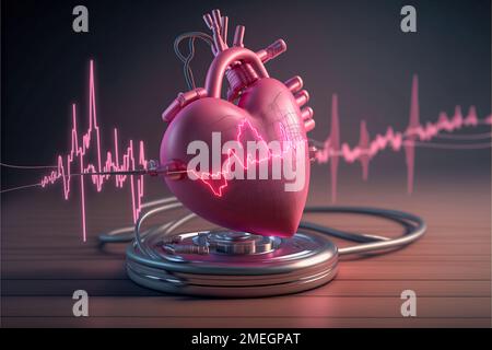 cuore rosa in cima a uno stetoscopio con elettrocardiogramma sullo sfondo. Concetto di salute del cuore Foto Stock