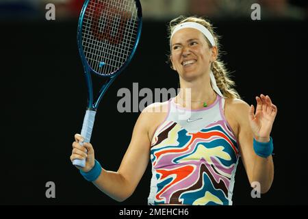 Melbourne, Australia. 24th Jan, 2023. 24th seme VICTORIA AZARENKA di Bielorussia in azione contro 3rd seme JESSICA PEGULA degli Stati Uniti sulla Rod Laver Arena in una partita femminile di quarti di finale il giorno 9 dell'Australian Open 2023 a Melbourne, Australia. Sydney Low/Cal Sport Media/Alamy Live News Foto Stock