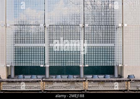 L'esterno decorato del Queens Museum nel Flushing Meadows Corona Park, Queens, New York. Foto Stock