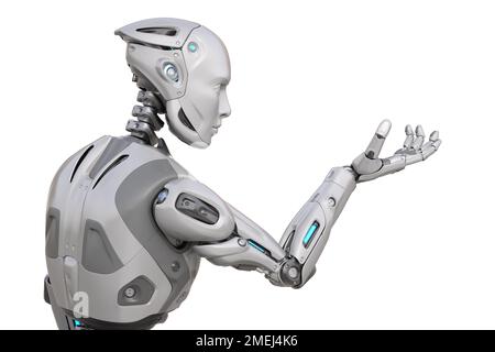 Robot guardando la sua mano. Illustrazione 3D Foto Stock