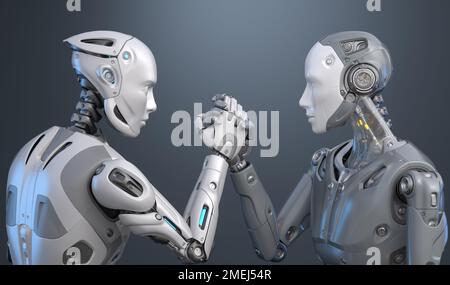 Umano come robot che tiene mani.3D illustrazione Foto Stock