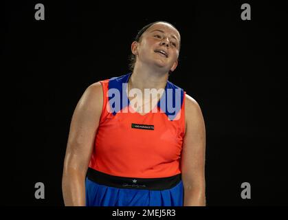 Melbourne, Australia. 24th Jan, 2023. Jelena Ostapenko di Lettonia reagisce durante la finale di singolo femminile contro Elena Rybakina del Kazakistan all'Australian Open di Melbourne Park a Melbourne, Australia, 24 gennaio 2023. Credit: HU Jingchen/Xinhua/Alamy Live News Foto Stock