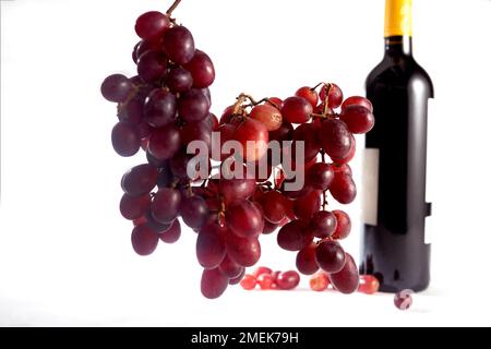 Uve rosse a grappolo appese e bottiglia di vino su fondo bianco. Foto Stock