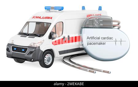 Pulmino ambulanza con pacemaker cardiaco artificiale, 3D rendering isolato su sfondo bianco Foto Stock