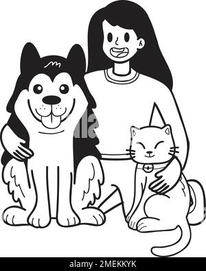 Hand disegnato cane Husky con gatto e proprietario illustrazione in stile doodle isolato sullo sfondo Illustrazione Vettoriale