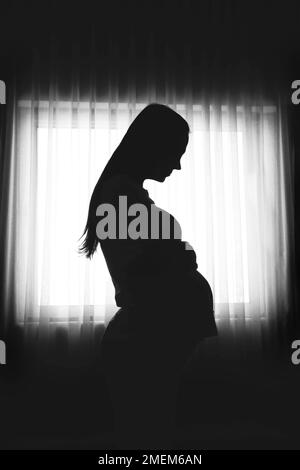 Silhouette di una donna incinta in piedi accanto alla finestra, maternità Foto Stock