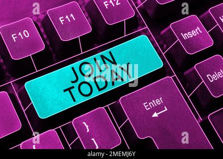 Scrittura visualizzazione testo Iscriviti oggi stesso. Approccio aziendale per diventare un nuovo membro del gruppo o iscriversi all'organizzazione Foto Stock