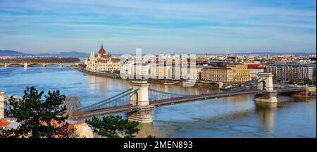 Foto panoramica sulla riva del Danubio a Budapest Ungheria con il parlamento e la catena del ponte szechenyi . Foto Stock