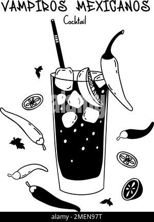 Cocktail messicano Vampiro. Bicchiere di bevanda alcolica latinoamericana con cocktail tube, cubetti di ghiaccio, lime e peperoncino. Illustrazione vettoriale. IO Illustrazione Vettoriale