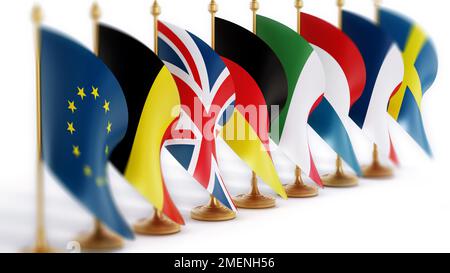 Bandiere nazionali fondatori dell'Unione europea isolate su sfondo bianco. Illustrazione 3D. Foto Stock