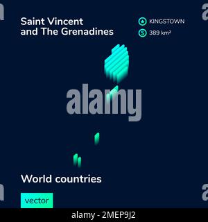 Saint Vincent e Grenadine 3D mappa. La mappa al neon isometrica a righe stilizzata è di colore verde Illustrazione Vettoriale