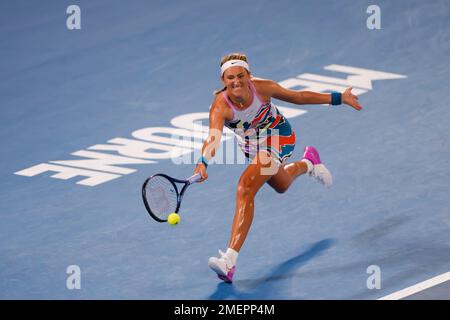 Melbourne, Australia. 24th Jan, 2023. 24th seme VICTORIA AZARENKA di Bielorussia in azione contro 3rd seme J. Pegula degli Stati Uniti sulla Rod Laver Arena in una partita femminile di quarti di finale il giorno 9 dell'Australian Open 2023 a Melbourne, Australia. Azarenka ha vinto 6:4, 6:1. (Credit Image: © Chris Putnam/ZUMA Press Wire) SOLO PER USO EDITORIALE! Non per USO commerciale! Credit: ZUMA Press, Inc./Alamy Live News Credit: ZUMA Press, Inc./Alamy Live News Foto Stock