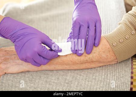 Cura della ferita, applicando una medicazione ad una ferita piccola Foto Stock