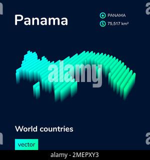 Mappa di Panama 3D. Al neon stilizzato semplice mappa vettoriale isometrica a righe nei colori verde, turchese e menta Illustrazione Vettoriale