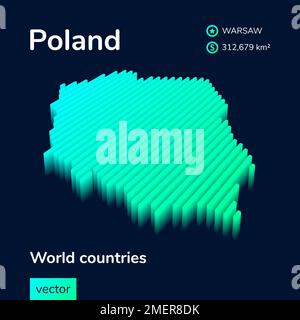 Mappa Polonia 3D. Mappa vettoriale a righe isometriche al neon stilizzate in turchese e colori menta Illustrazione Vettoriale