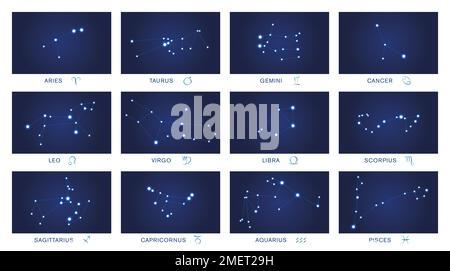 Costellazioni dei dodici segni dello zodiaco sulla sfera celeste - stelle visibili nel cielo notturno che formano figure collegate con linee. Foto Stock