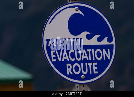 Segnaletica stradale che indica emergenza Tsunami evacuazione Route è di aiuto per la pubblica sicurezza nel disastro naturale a Valdez, Alaska, USA Foto Stock