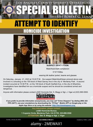 Bollettino speciale e foto video per Monterey Park sparare sospetto rilasciato ai media dal Los Angeles County Sheriff's Department. Si ritiene che l'uomo nelle immagini sia Huu Can Tran di 72 anni, sospettato di essere lo sparatutto in una sparatoria di massa allo Star Ballroom Dance Studio di Monterey Park, California, durante le celebrazioni del Capodanno lunare il 22 gennaio 2023. Tran è creduto di essere morto da una ferita da sparo auto-inflitta. (Foto di Los Angeles County Sheriff's Department via Sipa USA)Bollettino speciale e foto video per Monterey Park sospettato di sparare rilasciato ai media Foto Stock