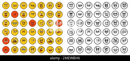 Set di emoticon che mostrano emozioni diverse in stile cartoon isolato su sfondo bianco. Volti divertenti clip art. Illustrazione Vettoriale
