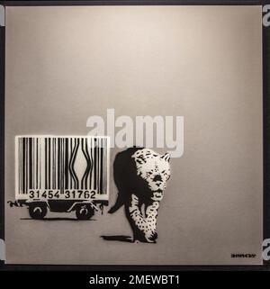 Barcode Leopard, barcode stand metaforici per le barre dei trasportatori animali, 2001, Banksy, mostra sull'artista di strada, Muelheim Foto Stock