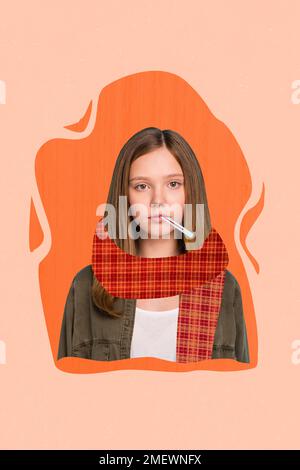 Foto composito poster artwork collage di giovane ragazza adolescente indossare dipinto plaid caldo sciarpa accogliente mal di misura termometro isolato su sfondo beige Foto Stock