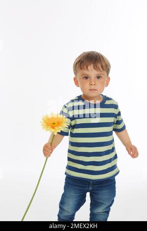 Bambino in stripey top giocando con fiore (età modello - 2 anni) Foto Stock