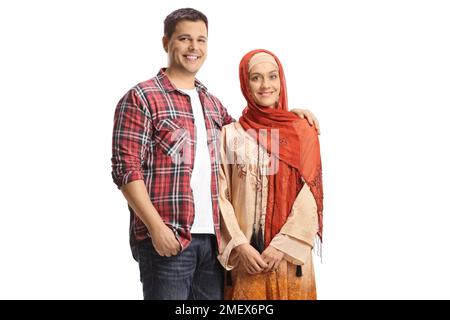 Uomo e donna in etnia sorridente alla macchina fotografica isolata su sfondo bianco Foto Stock