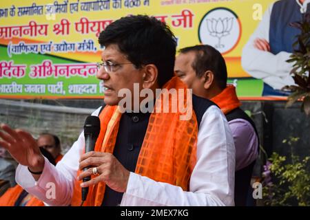 New Delhi, India - 27 2022 novembre - Piyush Goyal Gabinetto Ministro e membro centrale del Bharatiya Janata Party (BJP) durante un rally a sostegno del BJP c Foto Stock