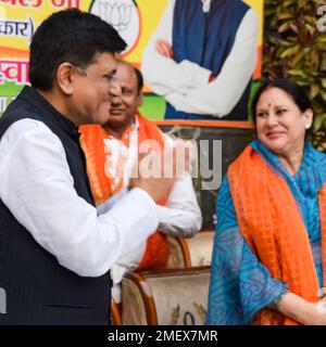 New Delhi, India - 27 2022 novembre - Piyush Goyal Gabinetto Ministro e membro centrale del Bharatiya Janata Party (BJP) durante un rally a sostegno del BJP c Foto Stock