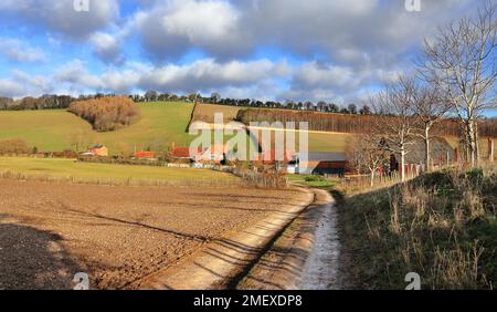 Un paesaggio rurale inglese nelle colline di Chiltern con fattoria e Hamlet nella valle sotto il sole d'inverno Foto Stock