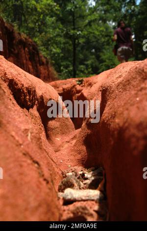 Providence Canyon in Georgia, Stati Uniti. Canale scavato dall'acqua che scorre giù sul fondo del canyon. Foto Stock