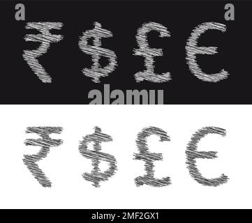 Rupee Dollar Pound Euro Currency Scribble Texture Symbol Vector Illustration Illustrazione Vettoriale