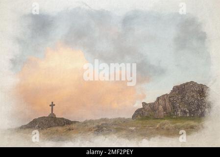 Un dipinto digitale ad acquerello dell'isola di Llanddwyn di Twr Mawr a Ynys Llanddwyn, Anglesey, Wales, UK. Foto Stock