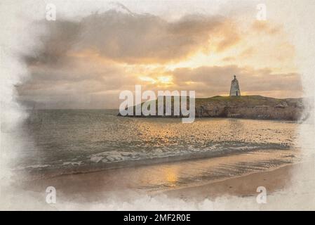 Il faro dell'isola di Llanddwyn. TWR Bach Digital Watercolor painting a Ynys Llanddwyn ad Anglesey, Galles, Regno Unito. Foto Stock