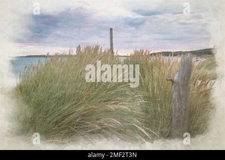 Un dipinto digitale ad acquerello di Newborough Beach, con Lllanddwyn in lontananza. Anglesey, Galles, Regno Unito. Foto Stock