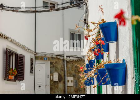 Vasi con fiori appendono alle pareti degli edifici, Puerto de Mogan, Spagna Foto Stock