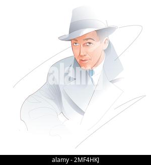 Illustrazione digitale dell'attore James Steward. Cinema classico americano. Vestito con un impermeabile e cappello, su sfondo bianco. Foto Stock