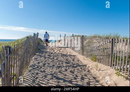 Persona irriconoscibile che si avvicina a Race Point Beach in una giornata di sole a Cape Cod. Cape Cod è una popolare destinazione di viaggio in Massachusetts. Foto Stock