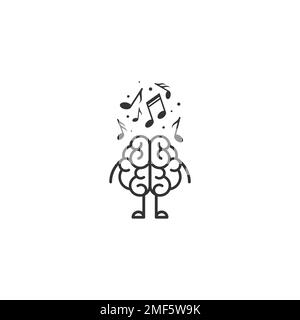 Linea grigia cervello con icona note musicali. Intelletto, fsicologia, conoscenza semplice pittogramma isolato su bianco. illustrazione del vettore piatto. ascolto dell'audio Illustrazione Vettoriale