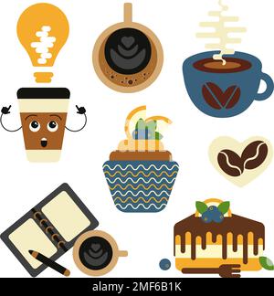 Cartoni animati Vector Set di tazze da caffè e prodotti da forno a base di farina dolce. Collezione di caffè e dolci. Illustrazione Vettoriale