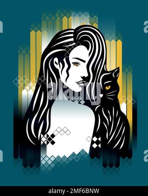 Elegante illustrazione di donna mistica con gatto nero. Donna in profilo art. Illustrazione Vettoriale