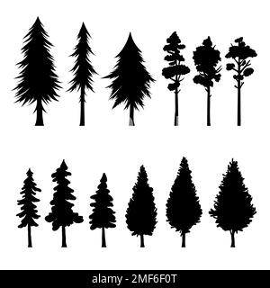 Collezione di silhouette alberi in bianco e nero. Dime in abete e pino, elementi botanici. Illustrazione Vettoriale