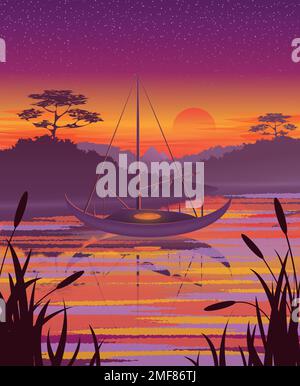 Barca sullo sfondo del paesaggio tropicale tramonto. Illustrazione Vettoriale