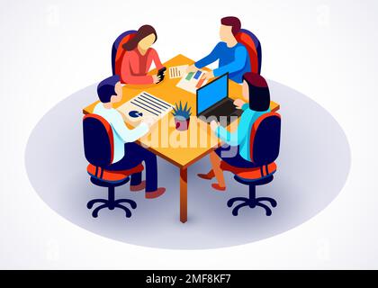 Modello di banner per il sito Web del lavoro di squadra. Team aziendale che lavora con i dati. Gruppo di colleghi dell'ufficio che discutono i dati intorno al tavolo. Illustrazione del vettore isometrico Illustrazione Vettoriale
